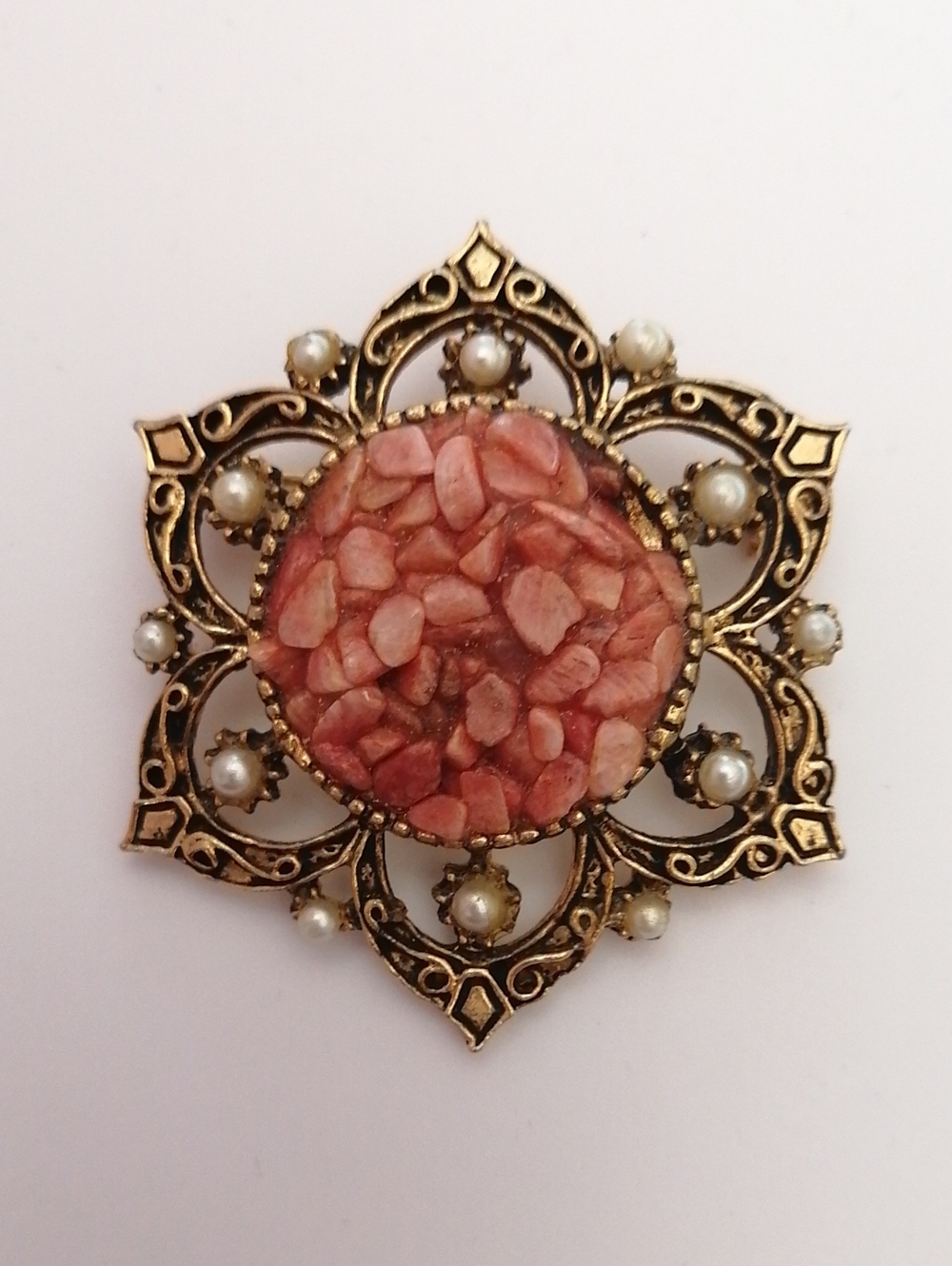 Vintage 60s Coral Chip Goldtone Filigree Faux Seed Pearls Brooch